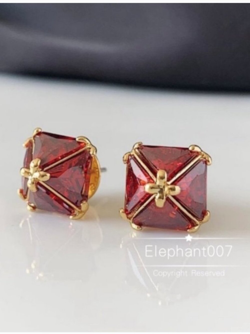 Henri Bendel Red Crystal Stud Earrings Gold Tone Square Gem Studs